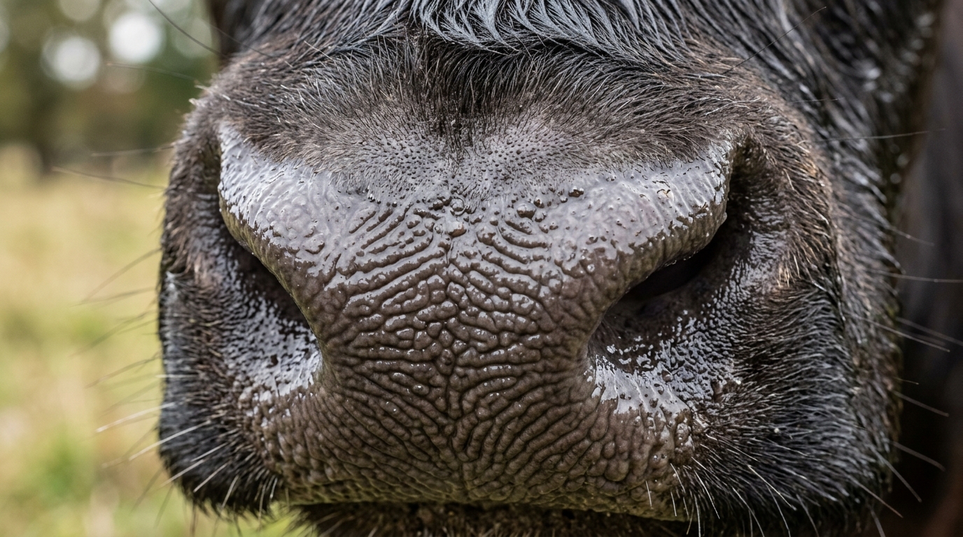 Macro detail of bovine muzzle dermatoglyphic pattern showing individual ridge and bead distribution