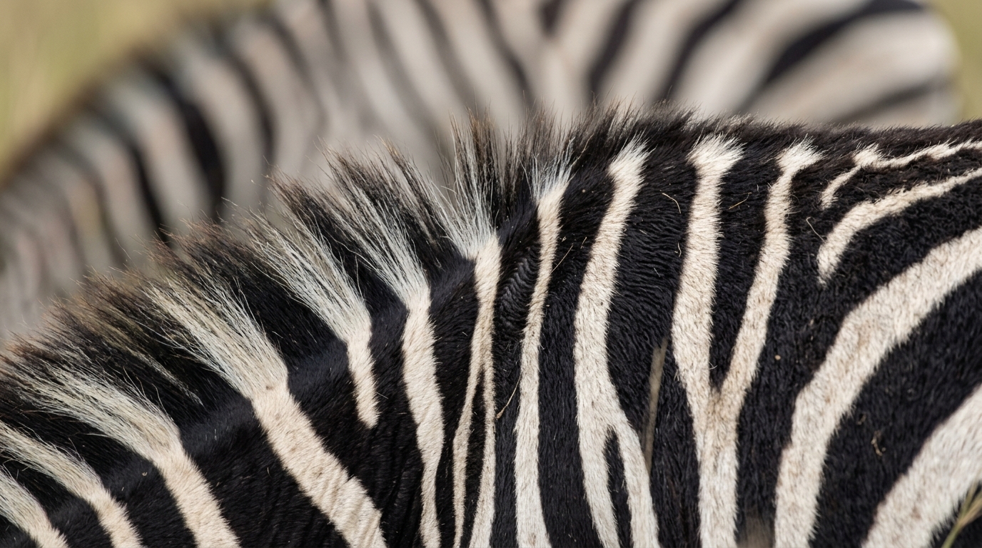 Macro detail of zebra pelage stripe patterning demonstrating individual hair melanism variance